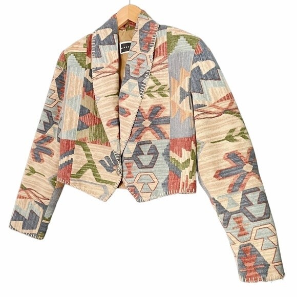 Rhonda Stark Jacket Blazer Southwest Tapestry Cropped Boho Tan Blue Size Medium - Picture 10 of 15